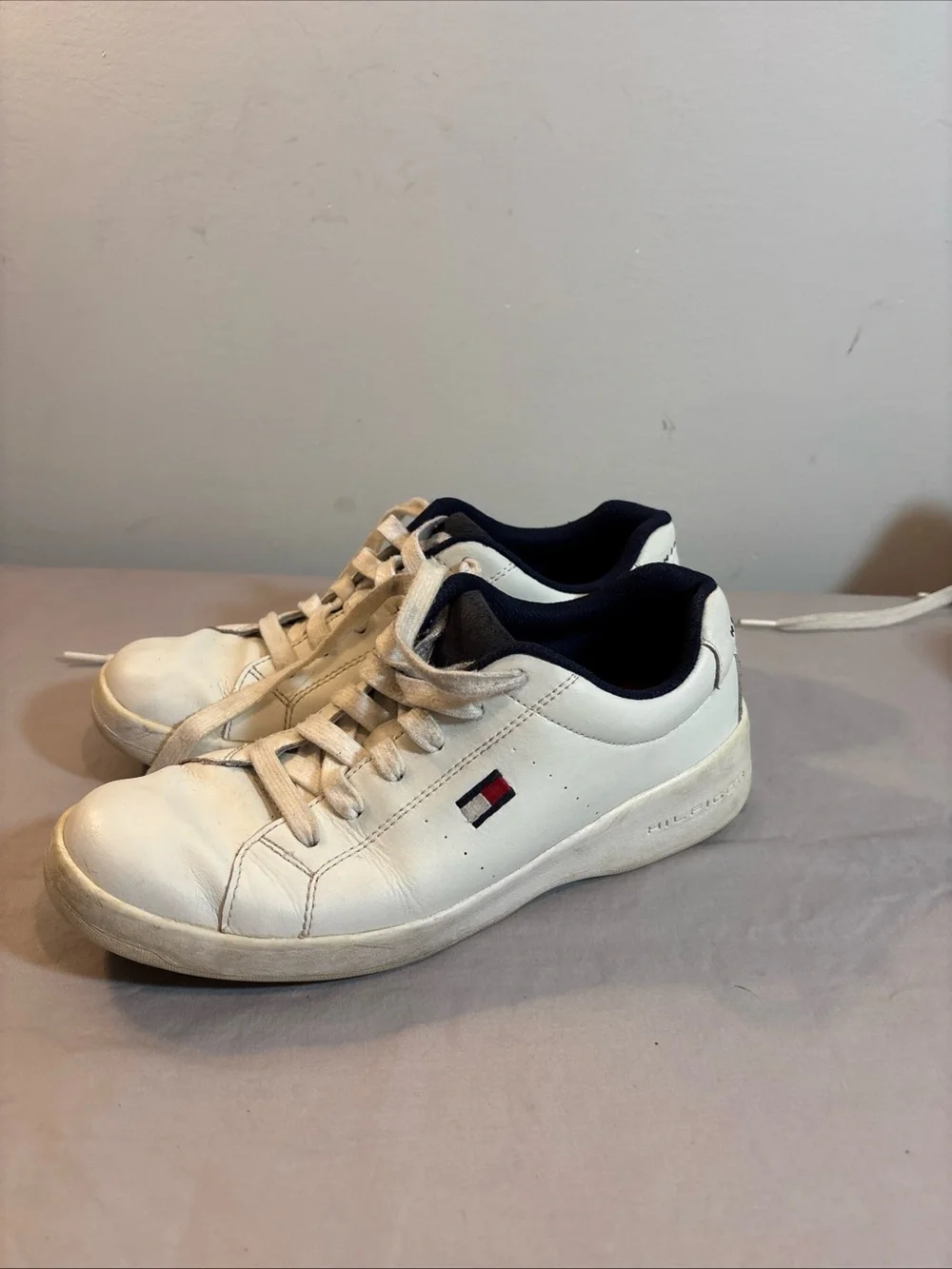 Tommy Hilfiger Women’s White Leather Sneakers with Navy Lining and Flag Accent